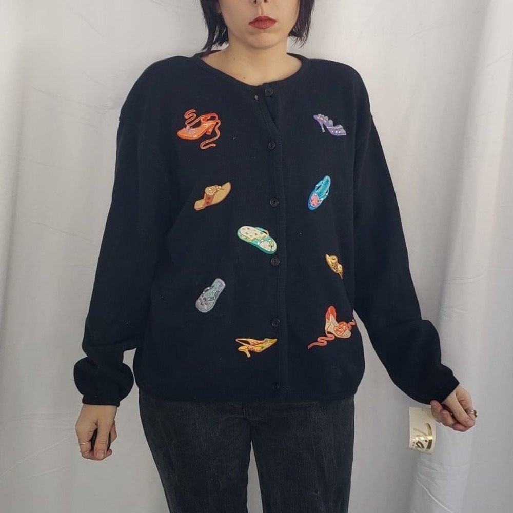 90s Deadstock Black Shoe Theme Cardigan